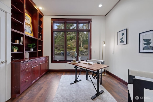 office area with dark hardwood / wood-style floors