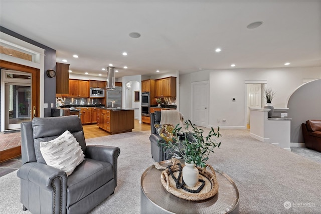 carpeted living room with sink