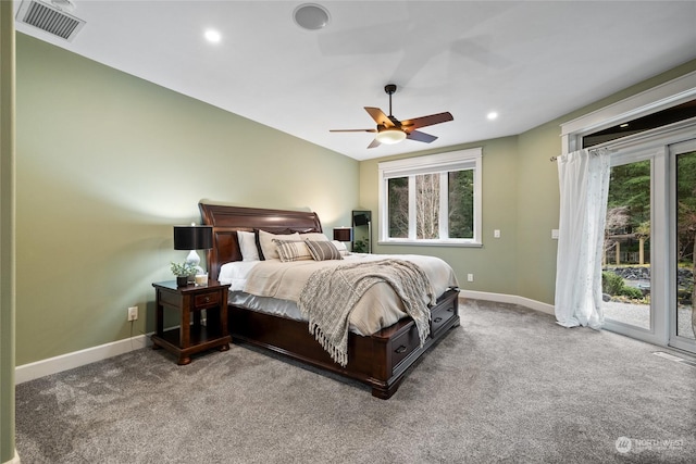 bedroom with light carpet, access to exterior, and ceiling fan