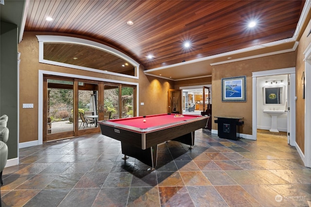 game room featuring lofted ceiling, wooden ceiling, french doors, and billiards