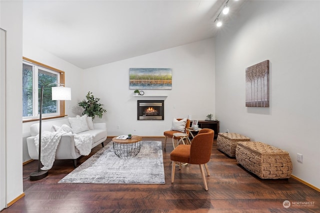 living room featuring rail lighting, lofted ceiling, and dark hardwood / wood-style floors