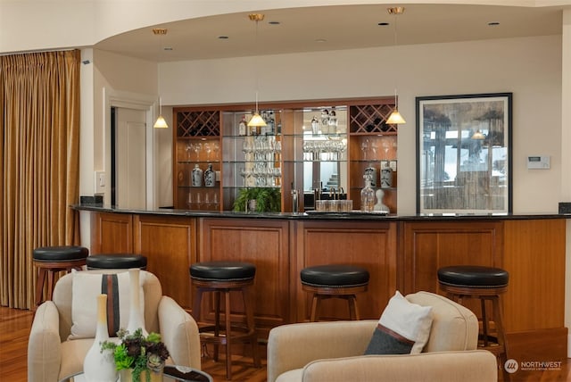 bar with hardwood / wood-style flooring and hanging light fixtures