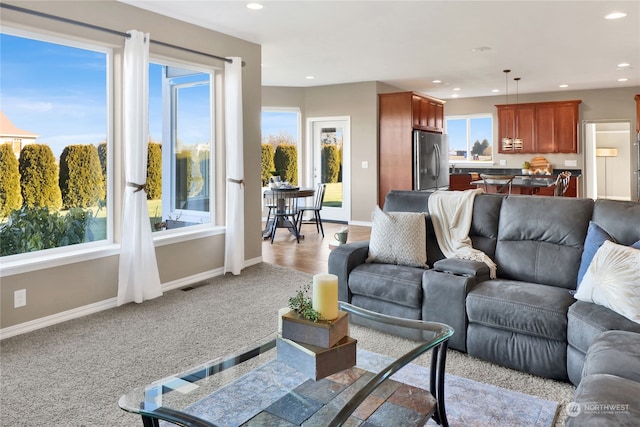 living room featuring light colored carpet