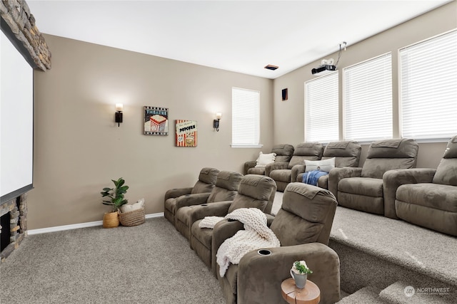 home theater with carpet flooring