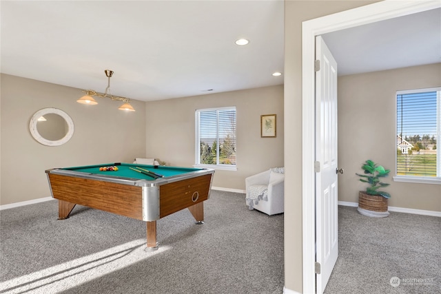 recreation room featuring pool table, carpet, and a wealth of natural light