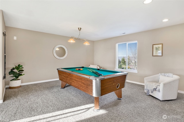 game room featuring light colored carpet and billiards