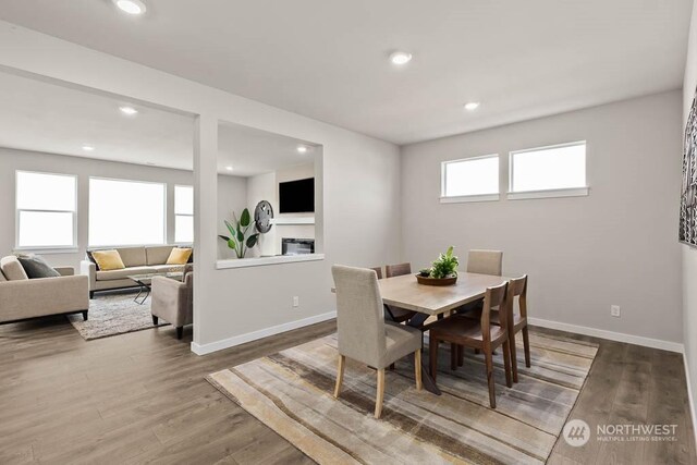 dining space featuring a glass covered fireplace, recessed lighting, and wood finished floors