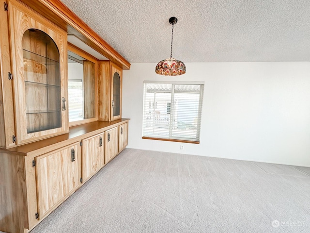 interior space featuring light colored carpet, plenty of natural light, and a textured ceiling