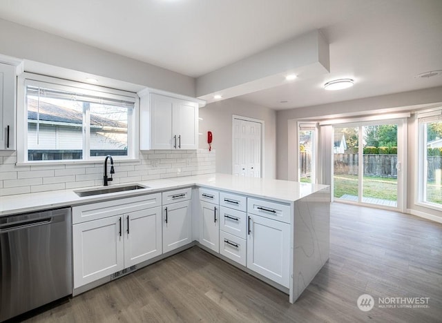 kitchen featuring sink, tasteful backsplash, stainless steel dishwasher, kitchen peninsula, and white cabinets