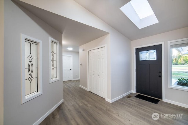 entryway featuring lofted ceiling and hardwood / wood-style floors