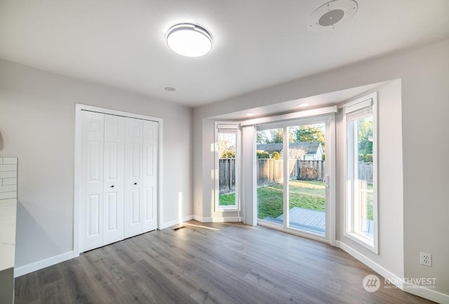 unfurnished bedroom featuring multiple windows, wood-type flooring, access to exterior, and a closet