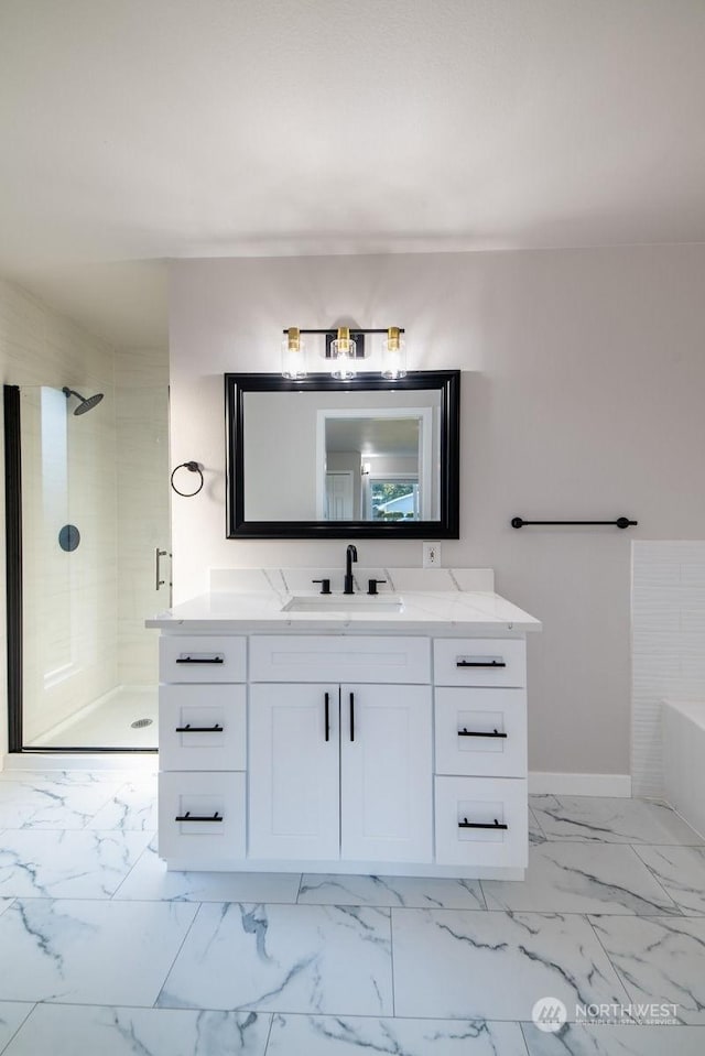 bathroom with vanity and separate shower and tub