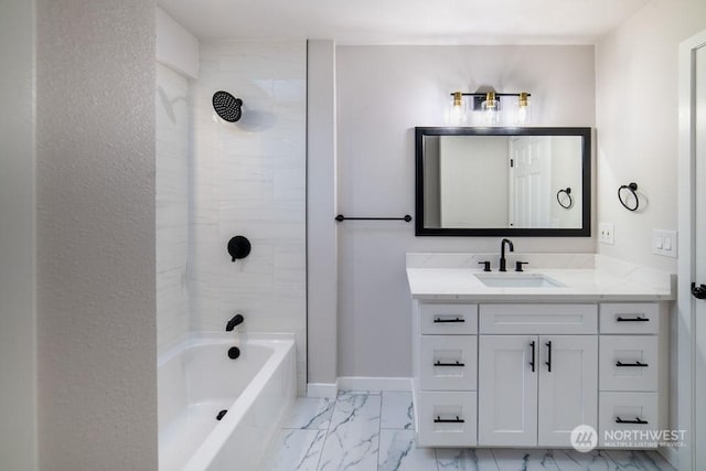 bathroom with vanity and washtub / shower combination