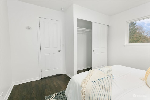 bedroom with dark hardwood / wood-style floors and a closet