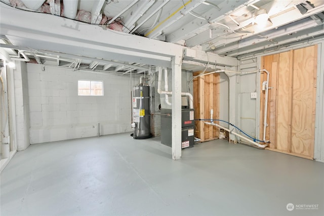 basement with heating unit and water heater