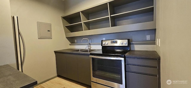 kitchen with appliances with stainless steel finishes, sink, electric panel, and light wood-type flooring