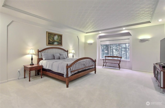 carpeted bedroom featuring a raised ceiling