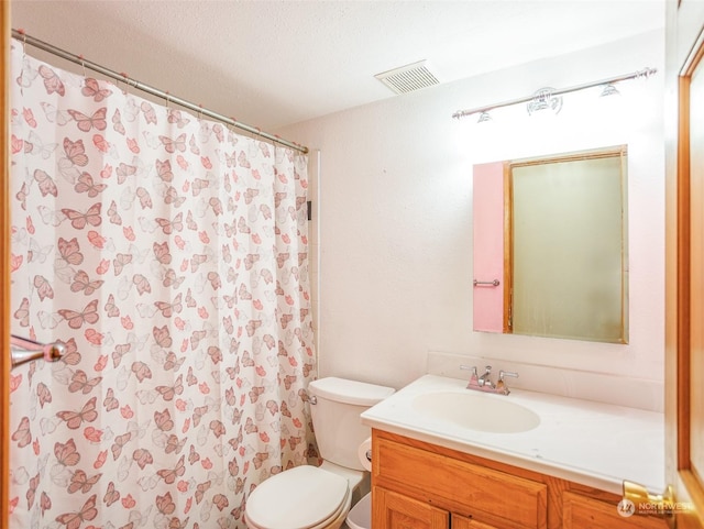 bathroom with vanity, a textured ceiling, toilet, and walk in shower