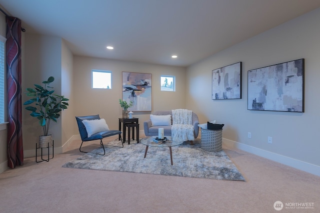 living area featuring carpet floors, recessed lighting, and baseboards