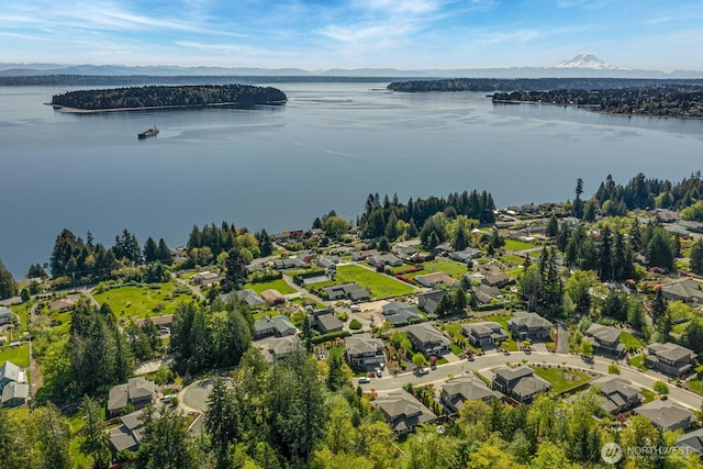 drone / aerial view with a water and mountain view