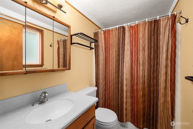 bathroom featuring vanity, a textured ceiling, a shower with curtain, and toilet