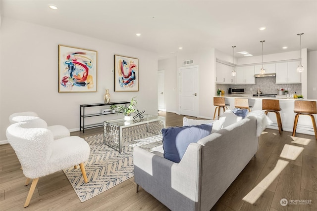 living room featuring hardwood / wood-style flooring and sink