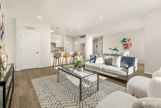 living room with dark hardwood / wood-style flooring and sink