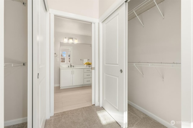 spacious closet featuring sink and light colored carpet