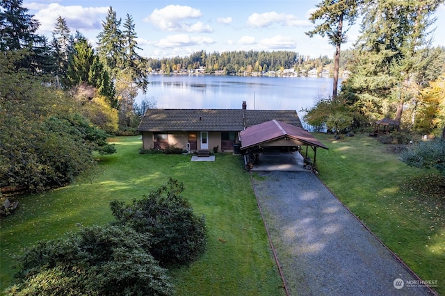 view of front of home featuring a water view and a front yard