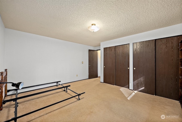 carpeted bedroom with multiple closets and a textured ceiling