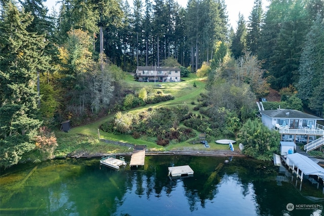 aerial view featuring a water view