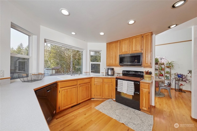 kitchen with sink, light wood-type flooring, and black appliances