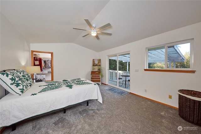 bedroom featuring vaulted ceiling, carpet, access to exterior, and ceiling fan