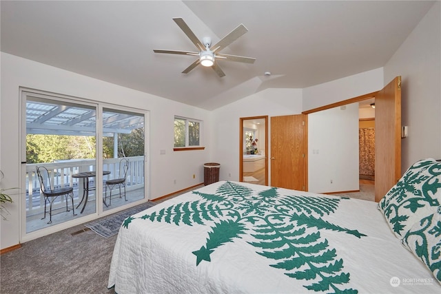 bedroom featuring ensuite bathroom, lofted ceiling, carpet floors, access to exterior, and ceiling fan