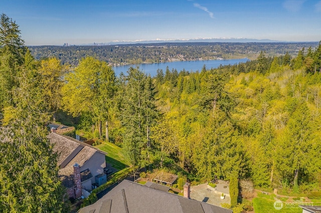 birds eye view of property with a forest view and a water view