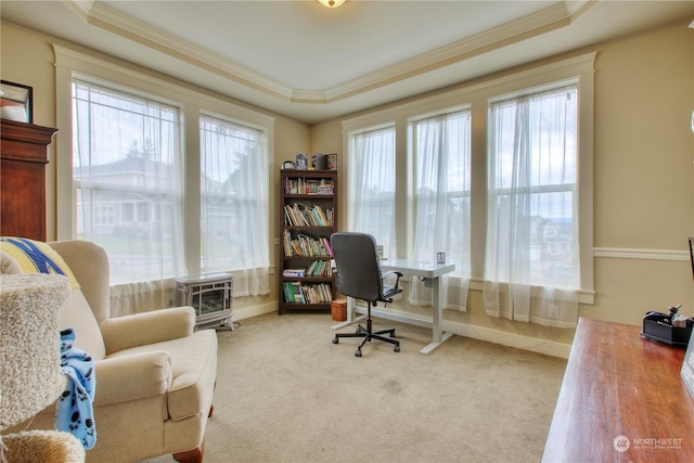 carpeted home office featuring crown molding and a raised ceiling