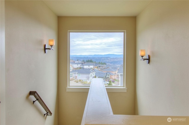 staircase with a mountain view