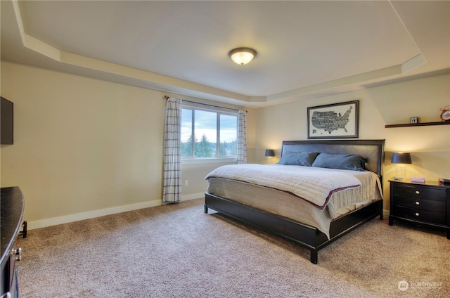 carpeted bedroom featuring a tray ceiling