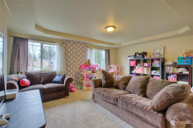 carpeted living room with a tray ceiling