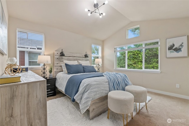 bedroom with vaulted ceiling, light carpet, and an inviting chandelier