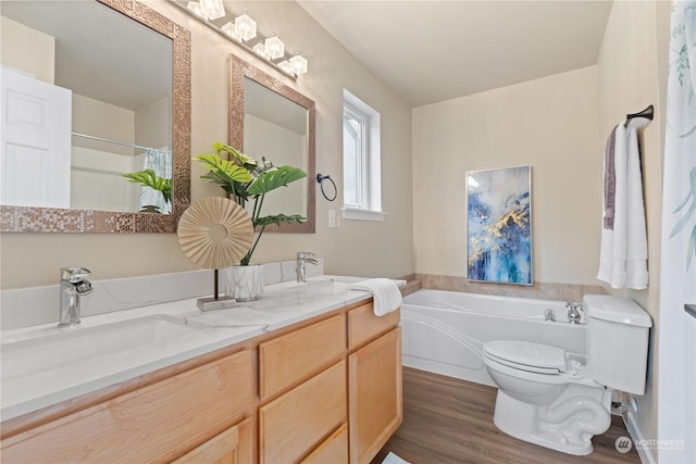 bathroom with vanity, toilet, wood-type flooring, and a washtub