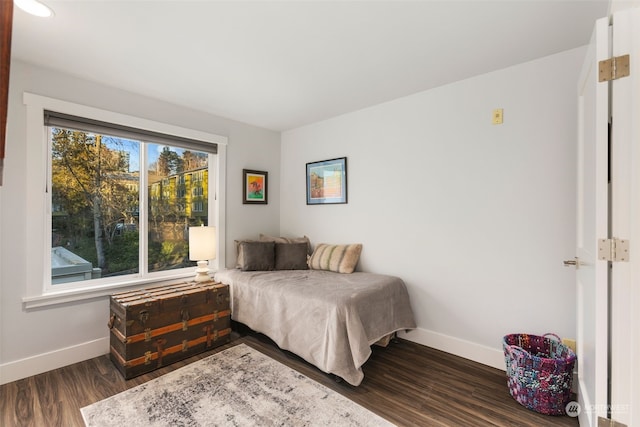 bedroom with dark hardwood / wood-style floors