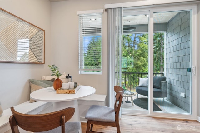 dining space with light hardwood / wood-style floors