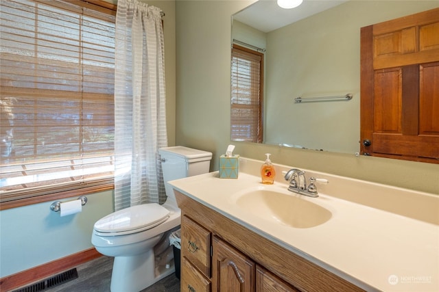 bathroom featuring vanity, toilet, and wood-type flooring