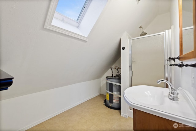 bathroom with water heater, vanity, vaulted ceiling with skylight, and a shower with shower door