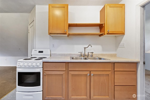 kitchen featuring white range with electric cooktop, carpet flooring, sink, and light brown cabinets