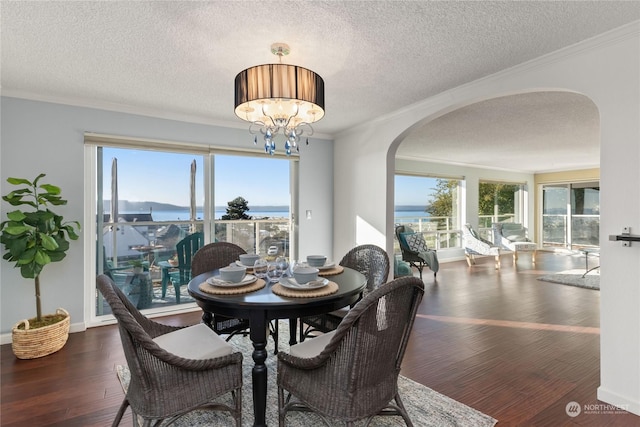 dining space with dark hardwood / wood-style flooring, a notable chandelier, crown molding, and a water view