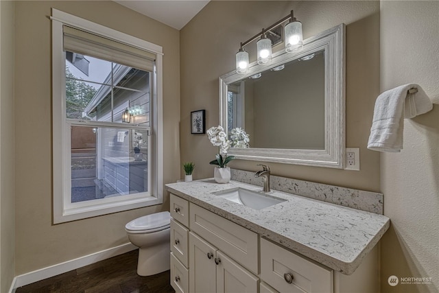 bathroom with vanity, wood-type flooring, and toilet