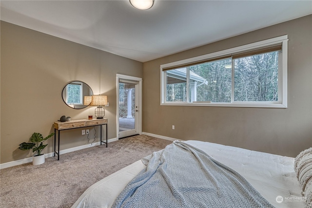 bedroom featuring light colored carpet and access to outside