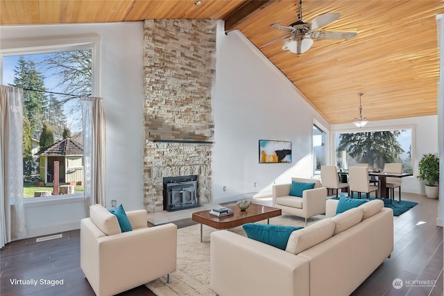 living room featuring high vaulted ceiling, plenty of natural light, wooden ceiling, and dark hardwood / wood-style floors